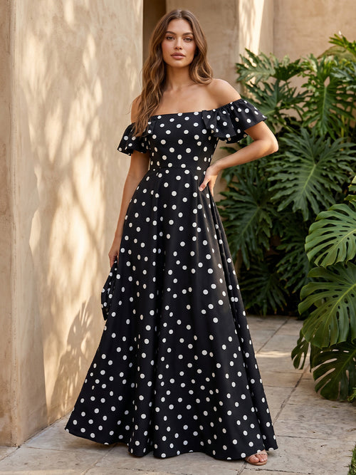 Satin A Line Off the Shoulder Corset Polka Dot Formal Dresses