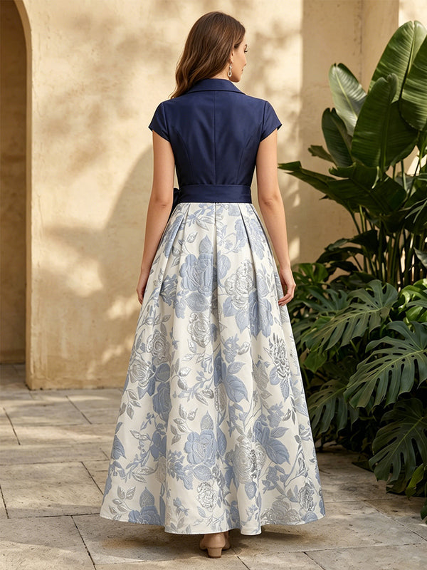 Jacquard A Line V Neck Ruched Bow Formal Dresses for Women