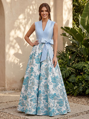 Jacquard A Line V Neck Corset High Waist Formal Dresses with Bow