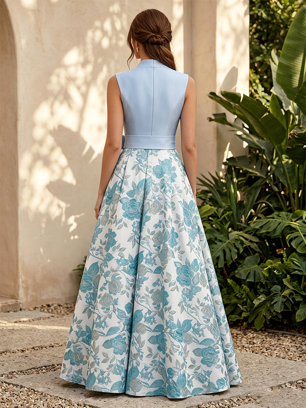 Jacquard A Line V Neck Corset High Waist Formal Dresses with Bow