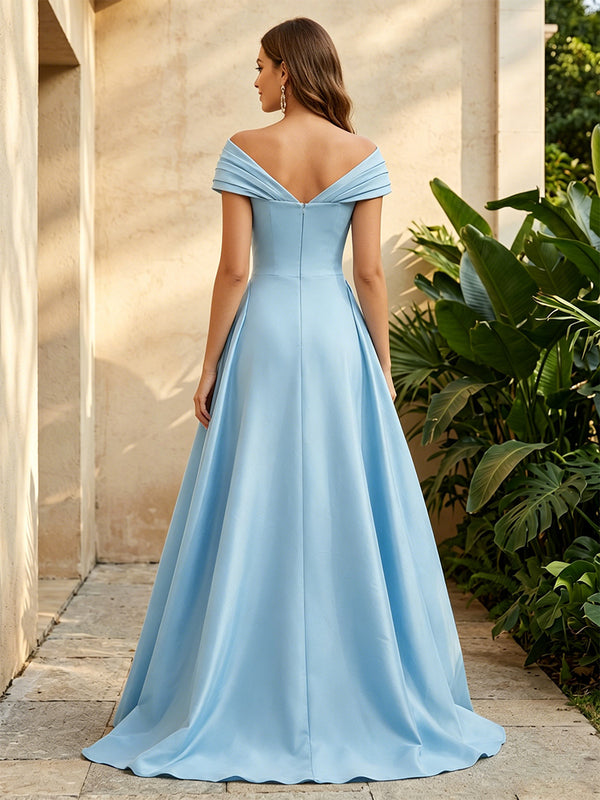 Satin A Line Off the Shoulder Ruched Ruffles Formal Dresses
