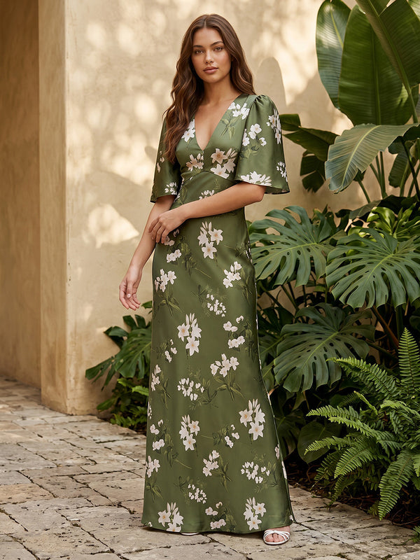Satin A Line V Neck Floral Print Corset Formal Dresses for Women