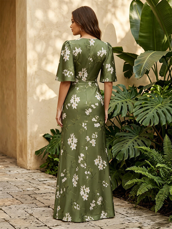 Satin A Line V Neck Floral Print Corset Formal Dresses for Women