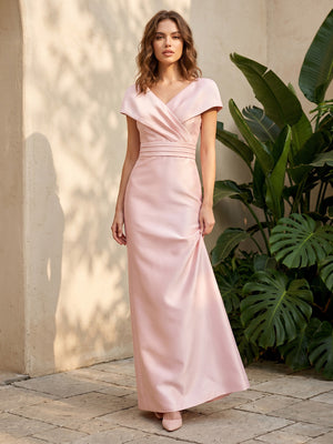 Satin A Line V Neck Ruched Corset Formal Dresses