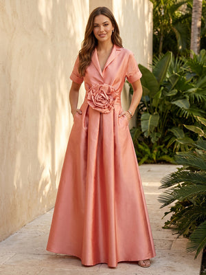 Satin A Line V Neck 3D Flowers Ruched Formal Dresses with Pockets