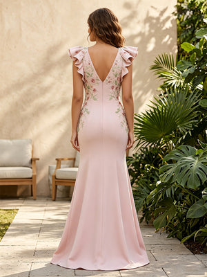 Satin A Line V Neck Lace Appliques Ruffles Formal Dresses for Women
