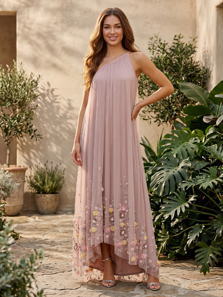 Tulle A Line One Shoulder Pleats 3D Flowers Formal Dresses