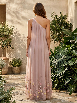 Tulle A Line One Shoulder Pleats 3D Flowers Formal Dresses