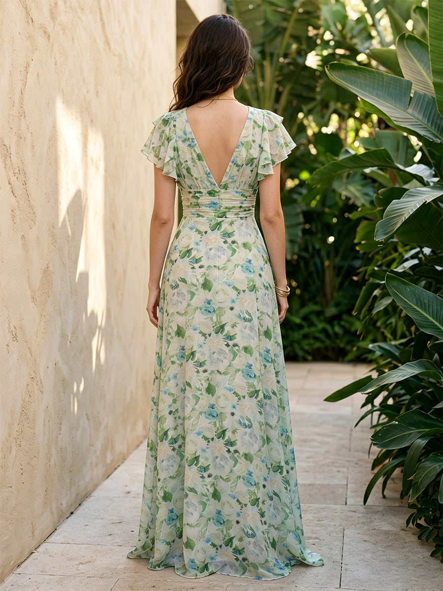 Chiffon A Line V Neck Floral Print Ruffles Formal Dresses