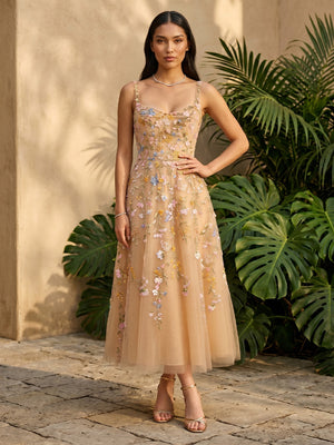Tulle A Line Sweetheart Ruched Floral Embroidery Formal Dresses