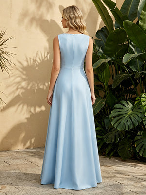 Satin A Line Scoop Neck Lace Appliques Ruched Formal Dresses for Women
