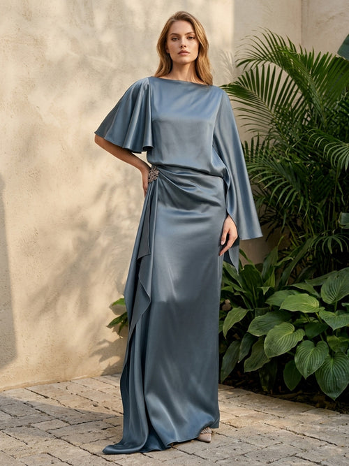 Satin A Line Scoop Neck Ruched Drop Waist Formal Dresses for Women