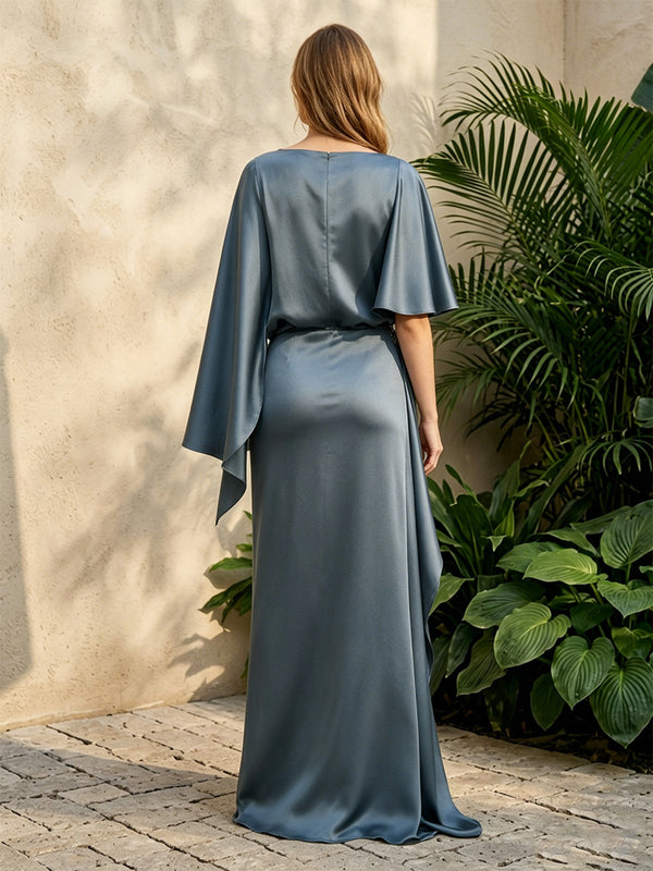 Satin A Line Scoop Neck Ruched Drop Waist Formal Dresses for Women