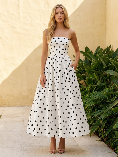 Satin A Line Strapless Corset Ruched Formal Dresses with Polka Dots