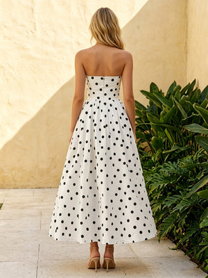Satin A Line Strapless Corset Ruched Formal Dresses with Polka Dots