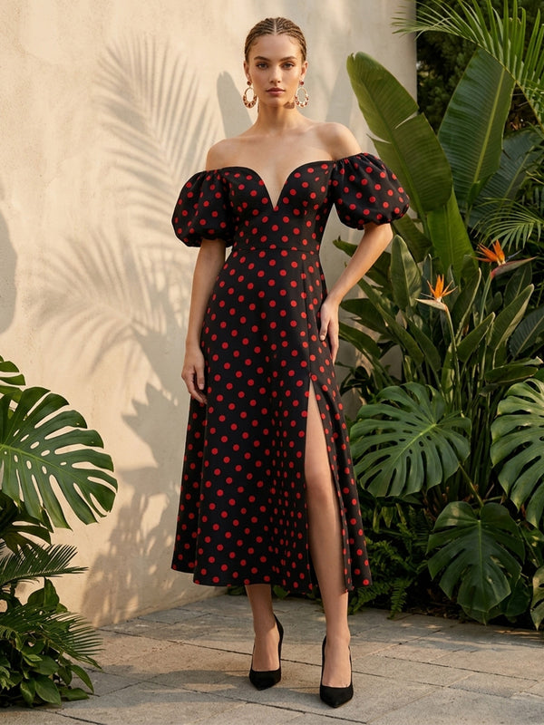 Satin A Line Off the Shoulder Polka Dot Corset Formal Dresses with Slit
