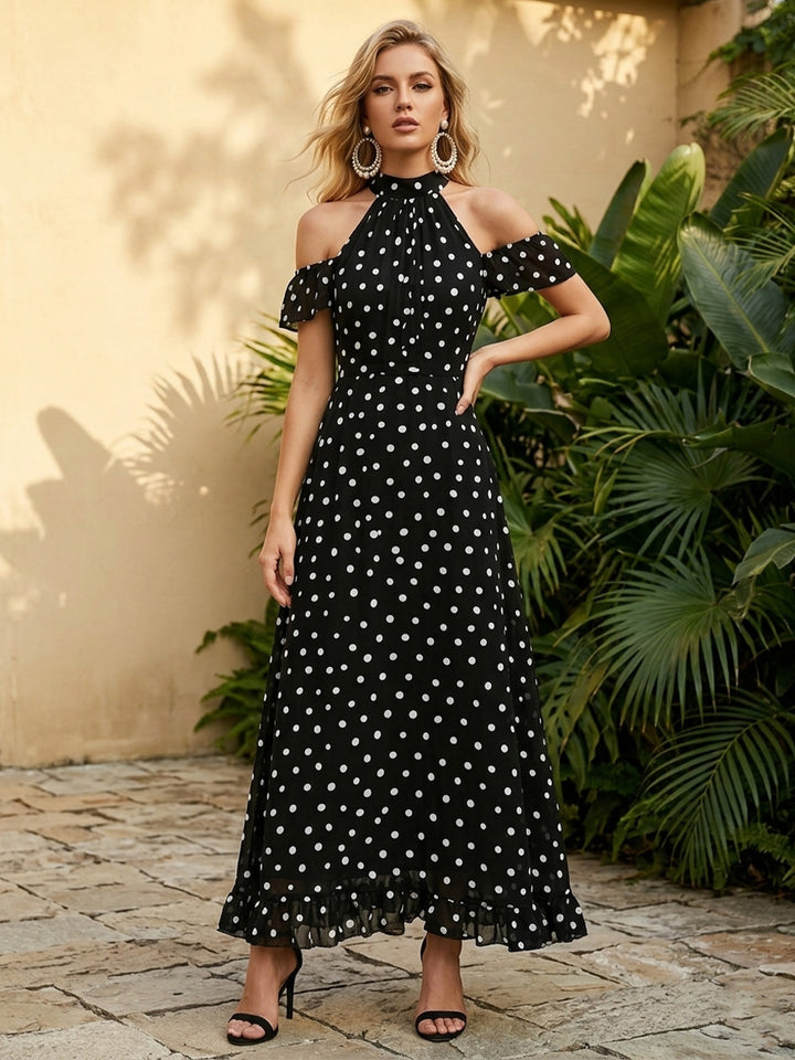 Chiffon A Line Scoop Neck Ruffles Corset Formal Dresses with Polka Dots