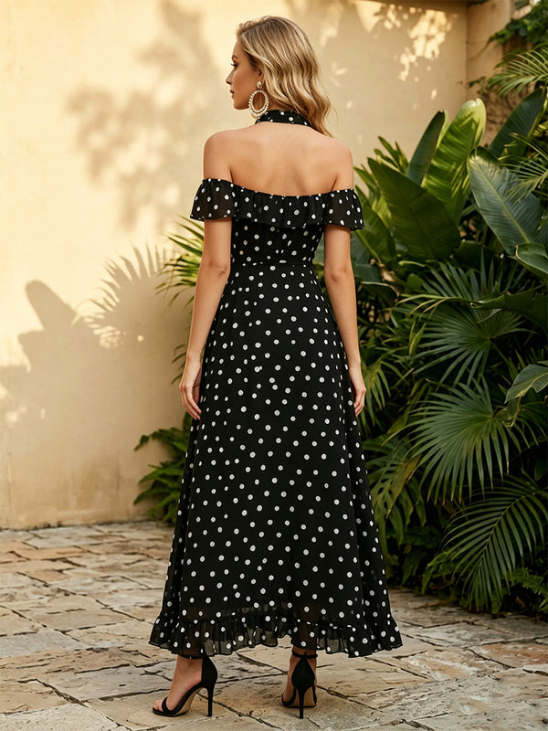 Chiffon A Line Scoop Neck Ruffles Corset Formal Dresses with Polka Dots