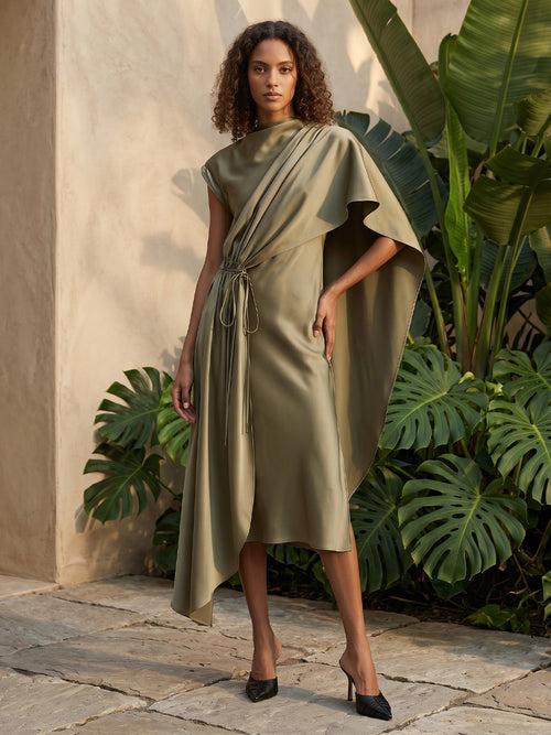 Satin A Line Scoop Neck Simple Ruched Formal Dresses with Cape