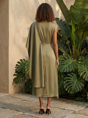 Satin A Line Scoop Neck Simple Ruched Formal Dresses with Cape