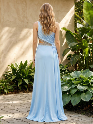 Satin A Line One Shoulder Ruffles Cut Out Formal Dresses