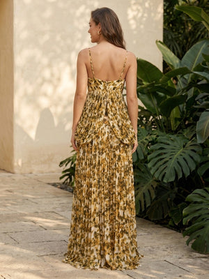 Chiffon A Line V Neck Spaghetti Straps Pleats Formal Dresses Floral Print
