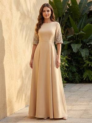 Satin A Line Scoop Neck Ruched Corset Formal Dresses with Beadings