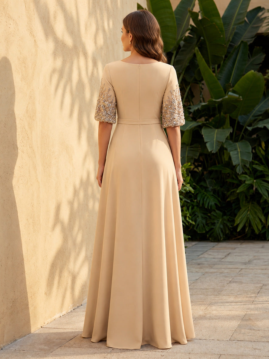 Satin A Line Scoop Neck Ruched Corset Formal Dresses with Beadings