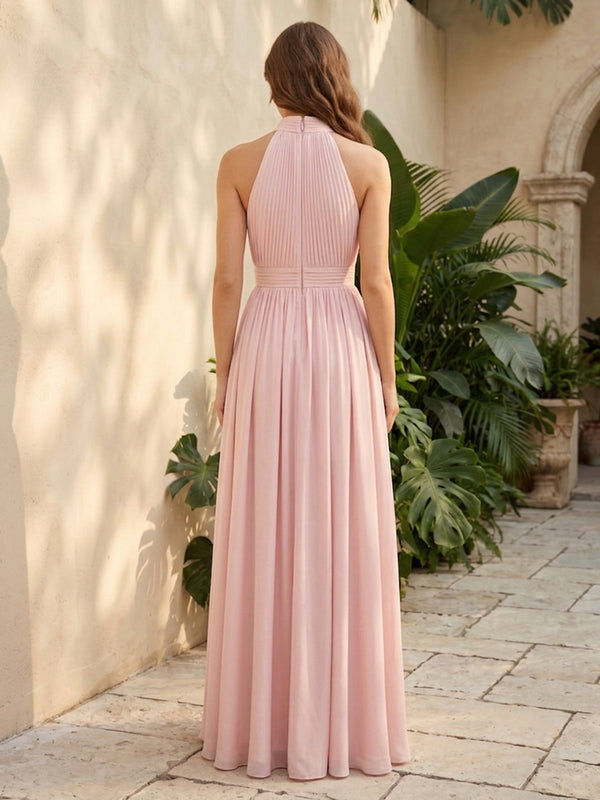 Satin A Line High Neck 3D Flowers Pleats Formal Dresses with Slit