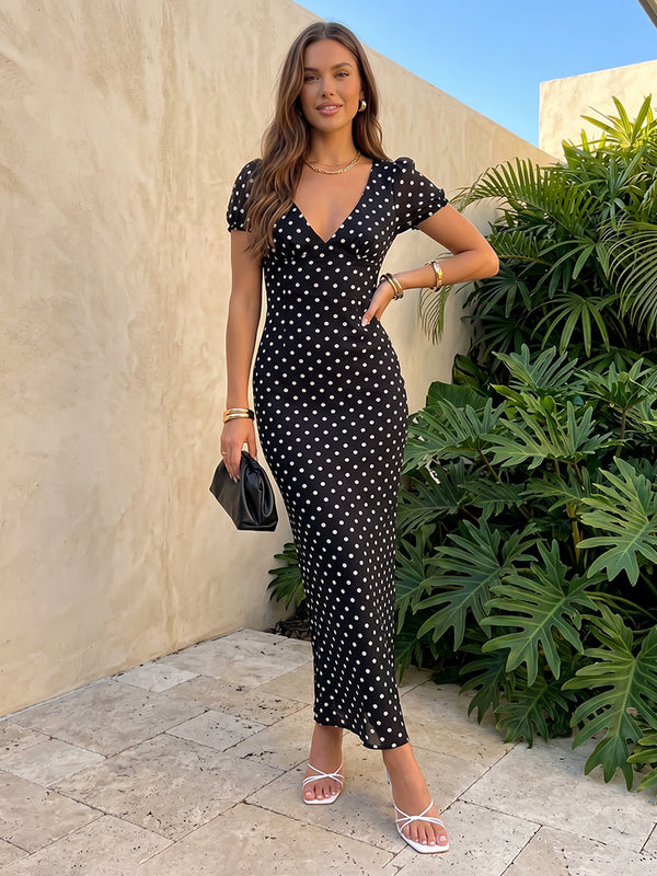 Chiffon Mermaid V Neck Corset Polka Dot Formal Dresses