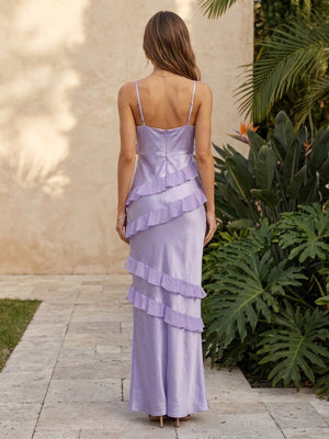 Satin Mermaid V Neck Spaghetti Straps Ruffles Formal Dresses