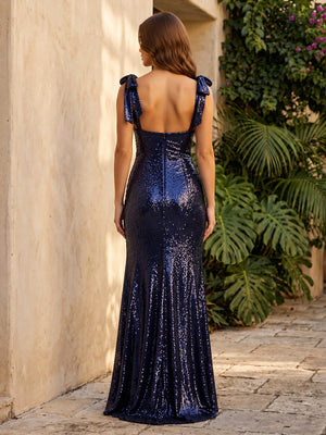 Sequin Mermaid Square Neck Spaghetti Straps Corset Formal Dresses