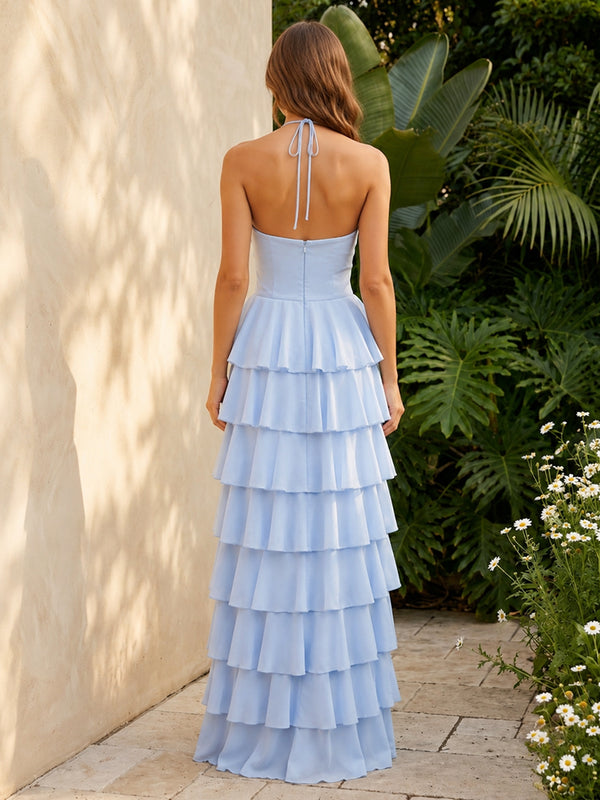 Chiffon A Line Sweetheart Spaghetti Straps Layered Formal Dresses