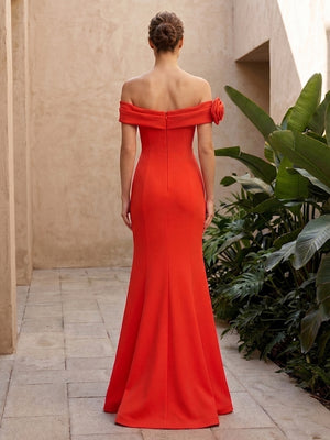 Satin Mermaid Off the Shoulder 3D Flowers Ruched Formal Dresses for Women