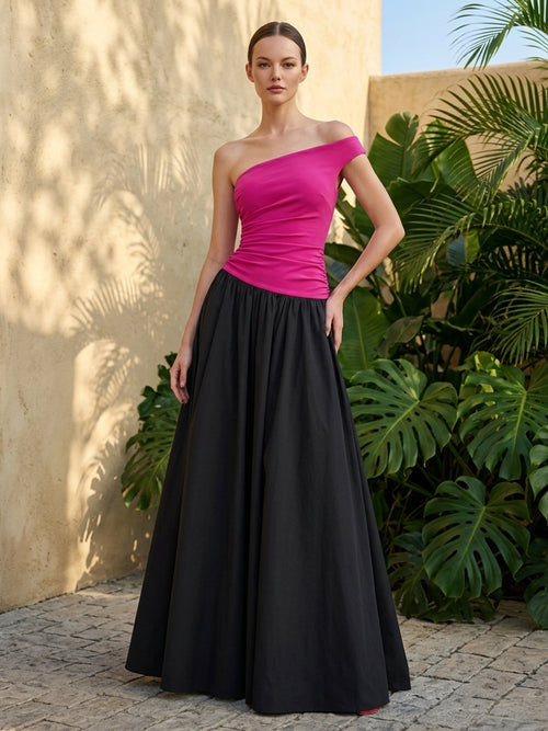 Satin A Line One Shoulder Ruched Pleats Formal Dresses