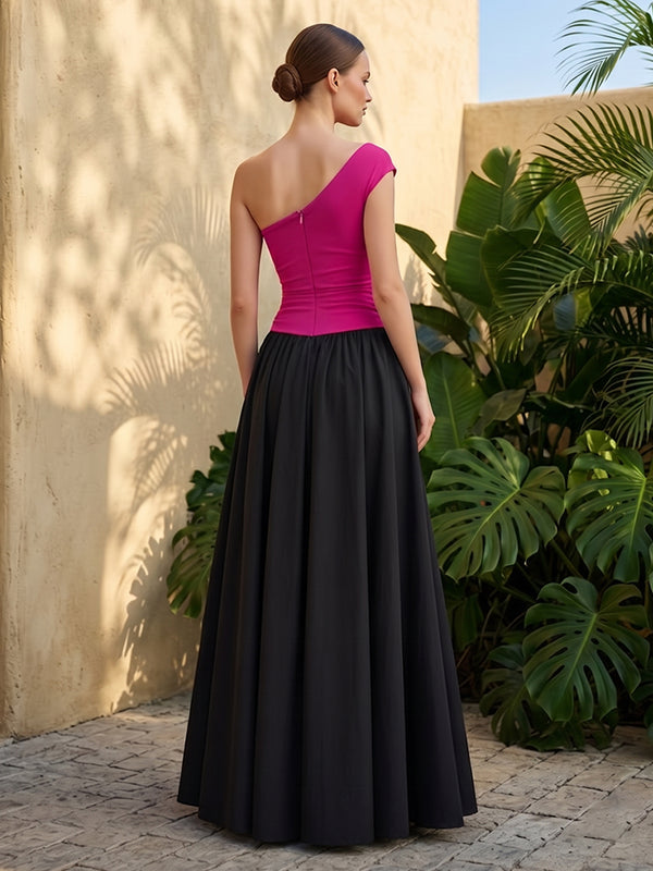 Satin A Line One Shoulder Ruched Pleats Formal Dresses