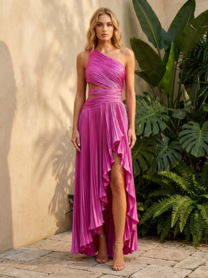 Metallic Satin Mermaid One Shoulder Cut Out Pleats Formal Dresses for Women