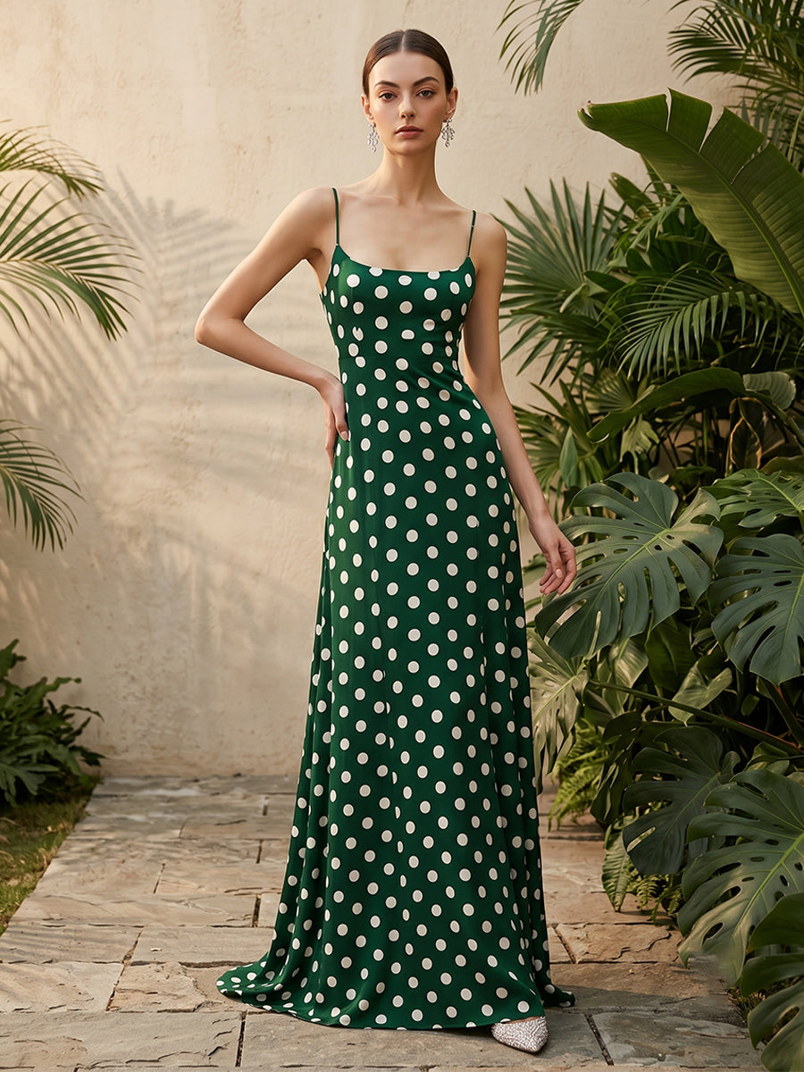 Satin A Line Square Neck Spaghetti Straps Corset Formal Dresses with Polka Dots