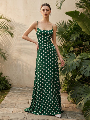 Satin A Line Square Neck Spaghetti Straps Corset Formal Dresses with Polka Dots