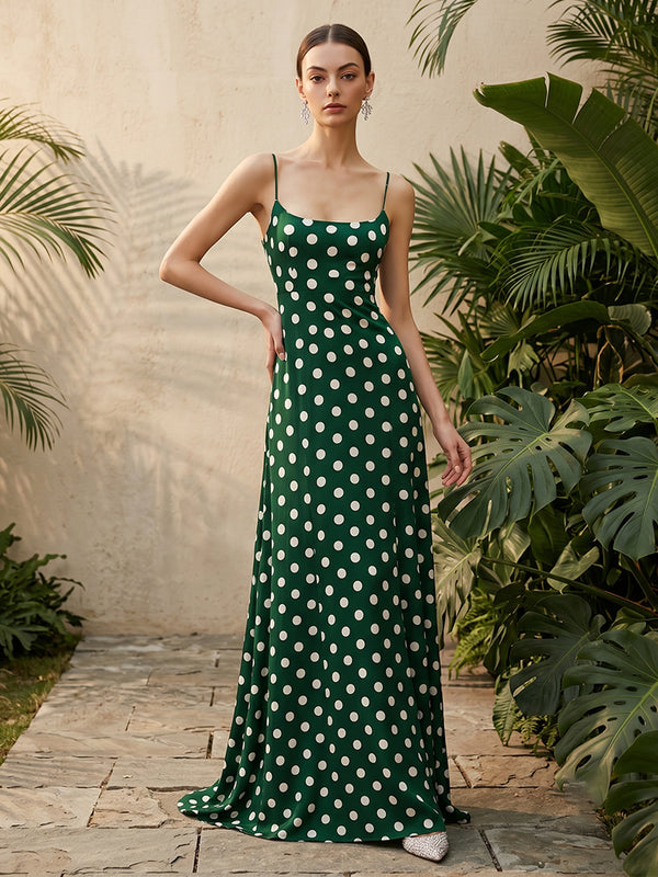 Satin A Line Square Neck Spaghetti Straps Corset Formal Dresses with Polka Dots