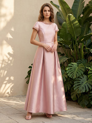 Satin A Line Scoop Neck Ruched Corset Formal Dresses with Beadings