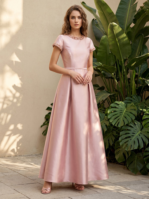 Satin A Line Scoop Neck Ruched Corset Formal Dresses with Beadings
