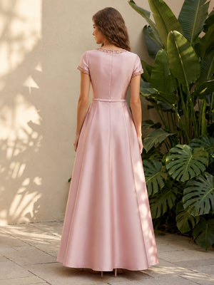 Satin A Line Scoop Neck Ruched Corset Formal Dresses with Beadings