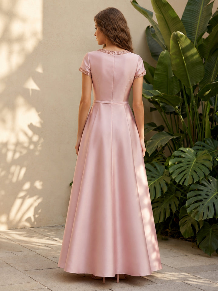 Satin A Line Scoop Neck Ruched Corset Formal Dresses with Beadings