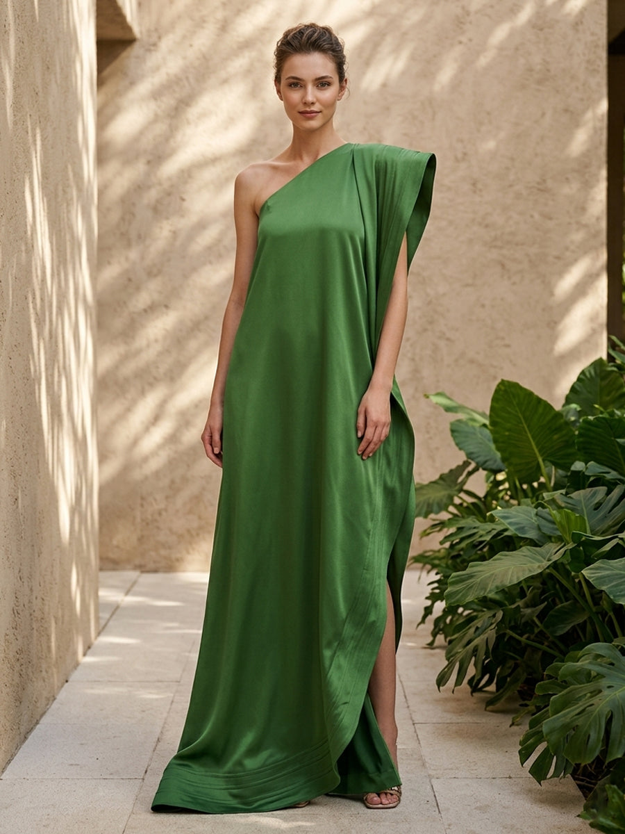 Satin A Line One Shoulder Simple Ruffles Formal Dresses for Women