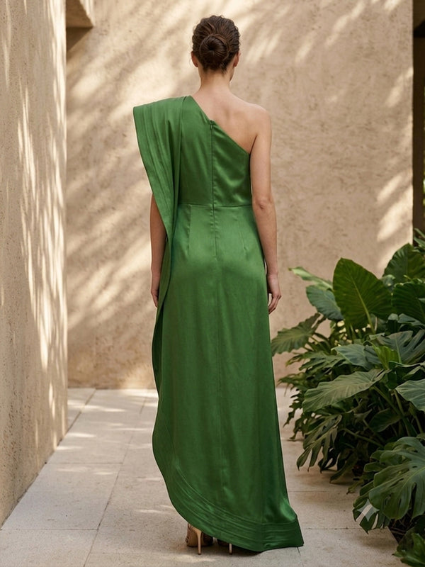 Satin A Line One Shoulder Simple Ruffles Formal Dresses for Women