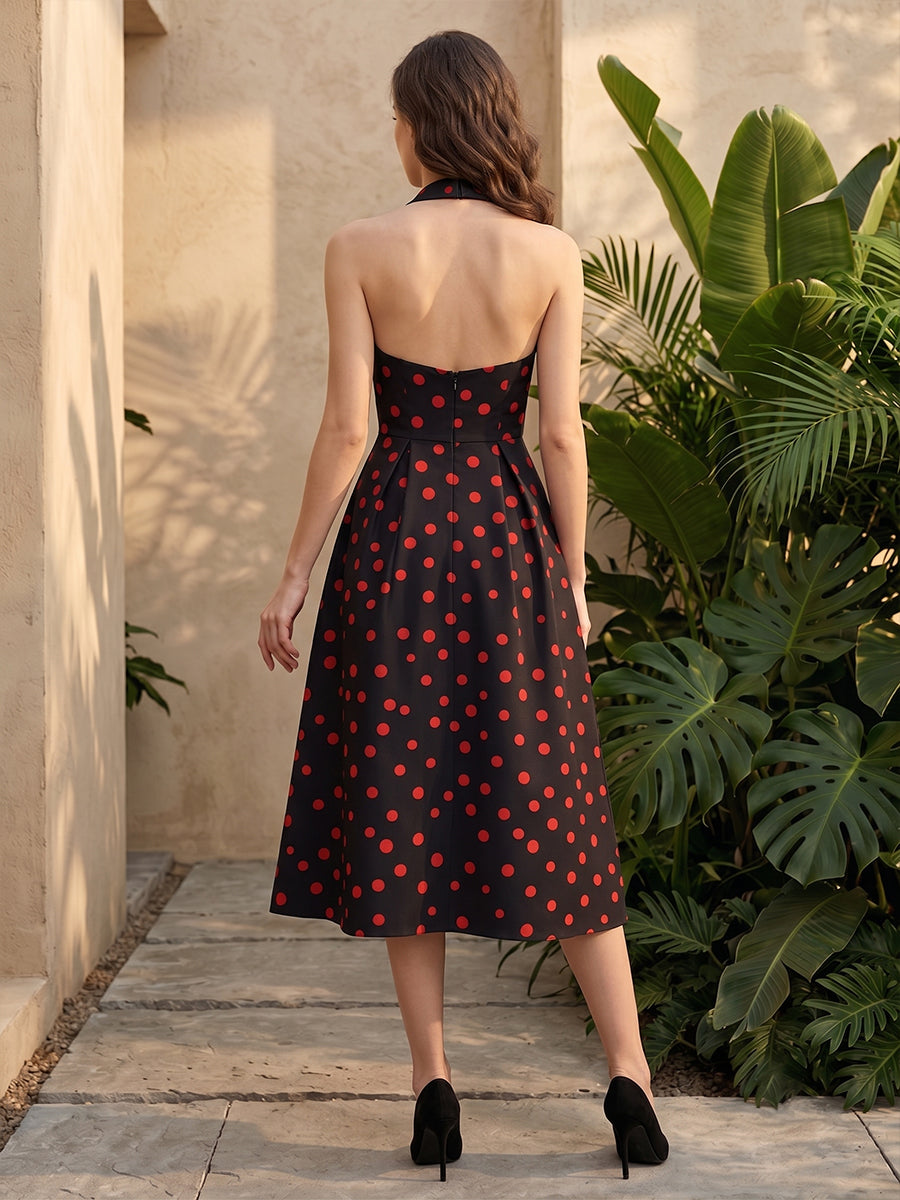 Satin A Line Halter Cut Out Polka Dot Formal Dresses