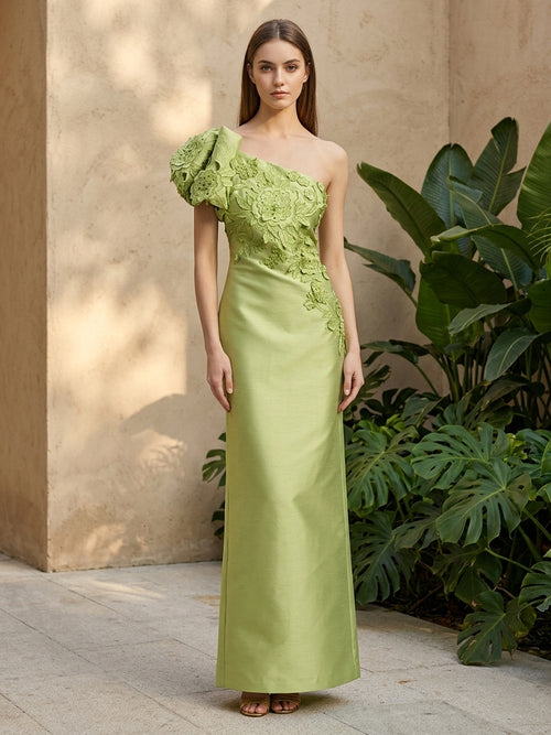 Satin Mermaid One Shoulder Lace Appliques Corset Formal Dresses