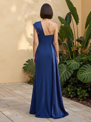 Satin A Line One Shoulder Ruffles Corset Formal Dresses