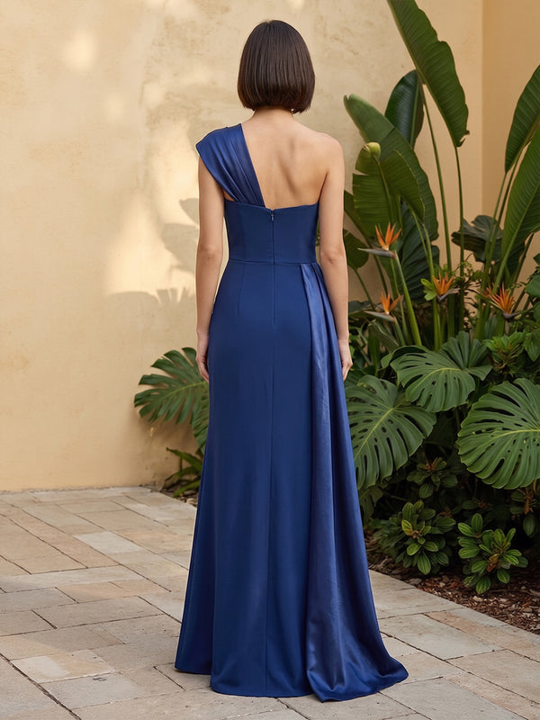 Satin A Line One Shoulder Ruffles Corset Formal Dresses